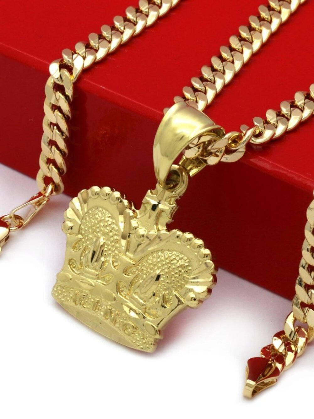 Gold Plated Crown Pendant & 24” Cuban Chain
